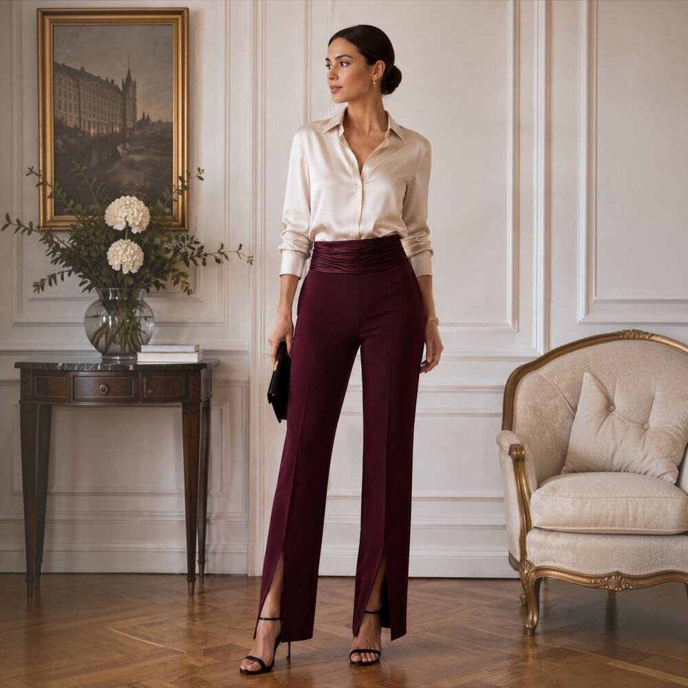 Jonathan Simkhai Sienna Pleated Waist Straight Leg Slit Hem Pants Burgundy
